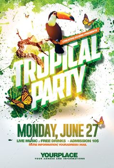 tropical party flyer with toucan and butterflies