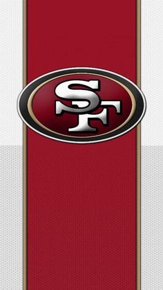 the san francisco football team logo on a red and white striped background with gold trim