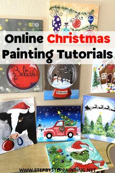 christmas paintings are on display with the words online christmas painting tutors above them and below