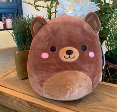 a brown teddy bear sitting on top of a wooden table next to potted plants