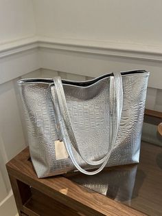 Women's Fashionable Color Block Tote Bag Silver Fashionable   PU Leather Colorblock,Plaid,Plain Shoulder Tote Bag   Women Bags, size features are:Bust: ,Length: ,Sleeve Length: Color Block Tote Bag, Color Block Tote, Bag Silver, Shoulder Tote Bag, Womens Tote, Bag Women, Shoulder Tote, Leather Tote Bag, Luggage Bags