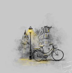 a painting of a bicycle parked next to a lamp post