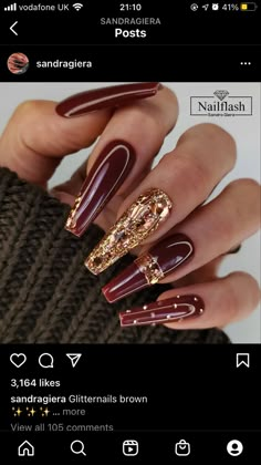 Burgundy Nail Art Designs Classy, Burgundy Fall Nails Acrylic, Acrylic Nail Designs Maroon, Red And Gold Nails With Rhinestones, Mahogany Nails Acrylic, Burgundy Coffin Nail Ideas, Glam Red Nails, Burgundy Nail Designs With Rhinestones, Wine Red Acrylic Nails Designs