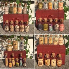 four different shots of bottles with labels on them and in the bottom row is an old red case