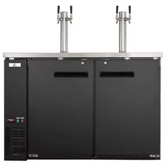 two black double door refrigerators sitting next to each other on top of a white background