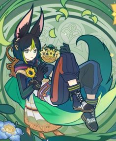 two anime characters sitting next to each other in front of a green circle with flowers