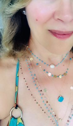 Delicate Layers of beaded Necklaces made with Turquoise and mixed Gemstones. Delicate Gold Chain, Brain Cells, Clover Pendant, Friendship Love, Clover Necklace, Makeup Obsession, Ring Watch, Beaded Necklaces, Glass Bead Necklace