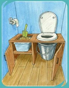 a drawing of a bathroom with a toilet and trash can on the table next to it