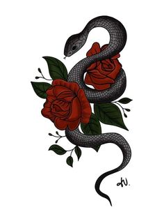 a snake and roses tattoo design