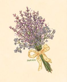 a drawing of a bouquet of lavenders tied with a yellow ribbon and the words hawaii on it