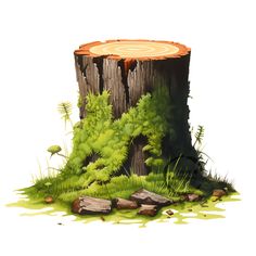 an illustration of a tree stump with moss growing on it