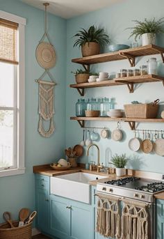 a kitchen with blue walls and wooden shelves