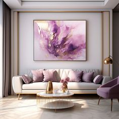 a living room filled with furniture and a painting on the wall