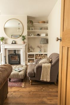 a living room filled with furniture and a fire place