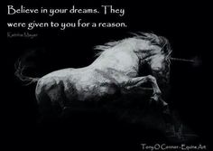 a black and white photo with a horse on it's back, saying believe in your dreams they were given to you for a reason