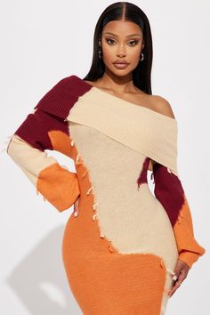 Ivy Sweater Maxi Dress - Orange/combo Long Sleeve Patchwork Sweater Dress For Fall, Fitted Color Block Winter Dress, Fitted Color Block Dress For Winter, Long Sleeve Patchwork Mini Dress For Fall, Color Block Mini Dress For Fall, Winter Patchwork Mini Dress, Fall Color Block Mini Dress, Fitted Multicolor Sweater Dress For Fall, Fall Color Block Long Sleeve Dress