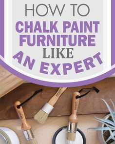 the words how to chalk paint furniture like an expert are overlaid by brushes and other items