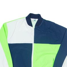 Item is in used condition. Item has small marks throughout, reflected in the price. >Size: L >Armpit To Armpit: 26" >Armpit To Cuff: 20" >Collar To Hem: 25" Green Color Block Track Jacket For Sports, Sports Green Color Block Outerwear, Green Color Block Outerwear For Sports, Green Sporty Track Jacket With Patchwork, Sporty Green Track Jacket With Patchwork, Green Color Block Track Jacket For Streetwear, Sporty Green Color Block Track Jacket, Green Patchwork Track Jacket For Streetwear, Blue Casual Track Jacket With Contrast Color