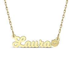 Pucker up with this pretty and personalized nameplate necklace. 14K yellow gold The name of your choosing shines in polished letters, punctuated with puckered lips 16- to 18-inch adjustable rope chain with spring ring clasp Gold Nameplate Necklaces With Hallmark, Adjustable Yellow Gold Name Necklace, Adjustable Yellow Gold Custom Name Necklace, Personalized Yellow Gold Nameplate Necklace, Gold Monogram Nameplate Necklace, Personalized Tarnish-resistant Nameplate Necklace, 14k Gold Tarnish-resistant Nameplate Necklace, Puckered Lips, Personalized Nameplate Necklace