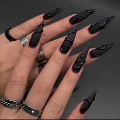 Faster shipping. Better service Fake Nails Long, Long Stiletto Nails, Long Stiletto, Gothic Nails, Gel Set, Goth Nails, Fake Nails With Glue, Almond Nail, Black Nail