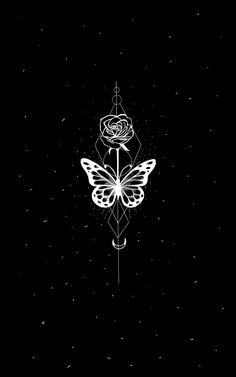 a black and white drawing of a butterfly with a rose on it's back