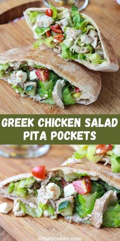 chicken salad pita pockets on a cutting board