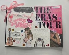 an open book with pictures and words on the pages, including a pink ribbon tied around it