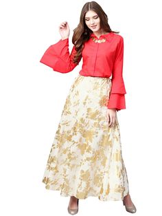 Buy Ahalyaa Indowestern Red Shirt With Off White & Gold Skirt Set by Distacart Layered Sleeves, Dolly Fashion, Kurta Cotton, Western Trend, Gold Skirt, Printed Skirt, Indo Western, Indian Wedding Dress, Online Wedding Dress