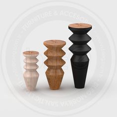 three wooden and black vases sitting next to each other on a white background with the words furniture & accessories written below them