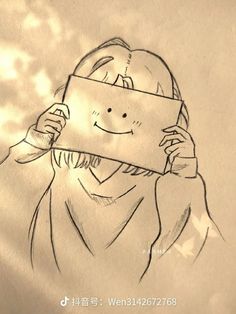 a drawing of a person holding up a piece of paper to their face with the sky in the background