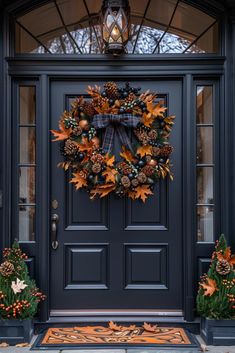 a black front door with a wreath and pine cones on the top, surrounded by fall foliage