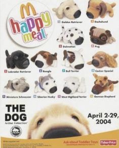 an advertisement for the mcdonald's happy meal with dogs and puppies on it