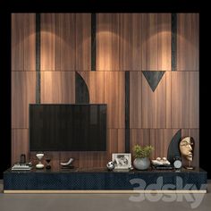 a tv on a stand in front of a wall with wooden paneling and decorative items