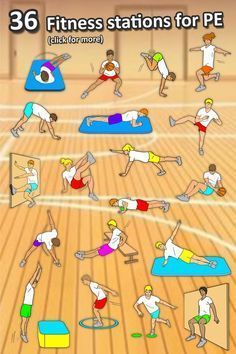 the screenshot shows people doing various exercises on an indoor court, including stretching mats