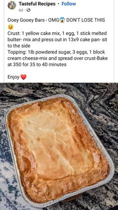 an image of a pie in a pan on the counter with instructions for how to bake it