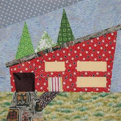 a painting of a red barn with trees in the background