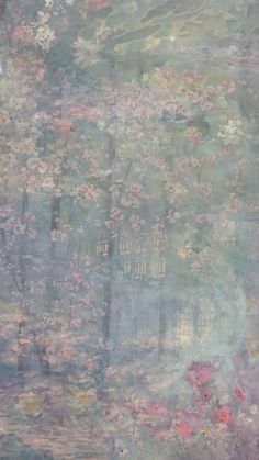 an abstract painting with flowers and trees in the background