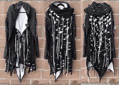 Handcrafted black and white distressed unisex jacket White Cyberpunk Outfit, Distressed Punk Outerwear For Festival, Black Distressed Punk Outerwear, Distressed Black Punk Outerwear, Black Post-apocalyptic Outerwear For Alternative Fashion, Distressed Long Sleeve Outerwear For Alternative Fashion, Grunge Outerwear For Halloween Cosplay, Edgy Halloween Festival Outerwear, Distressed Winter Outerwear For Festivals