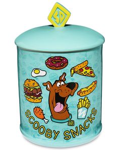 a blue cookie jar with an image of scooby snack on it