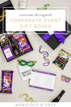 an assortment of corporate event gift boxes with mardi gras decorations