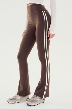 Raquel High Waist Flared Legging - Dark Chocoloate/White | SPLITS59 Barre Pilates, Flare Legging, Sports Pants Women, Perfect White Tee, Flare Leggings, Striped Leggings, Fitted Trousers, Fall Style, Outdoor Woman