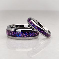 lab alexandrite matching wedding bands, polished silver rings with purple and blue alexandrite gemstone inlay, 8mm and 4mm matching ring set Modern Silver Tungsten Carbide Jewelry, Silver Tungsten Carbide Promise Ring, Silver Tungsten Carbide Rings For Anniversary, Silver Titanium Promise Ring, Titanium Wedding Rings With Polished Finish, Wedding Titanium Rings With Polished Finish, White Gold Titanium Promise Ring, Anniversary Rings In Tungsten Carbide, Anniversary Tungsten Carbide Rings