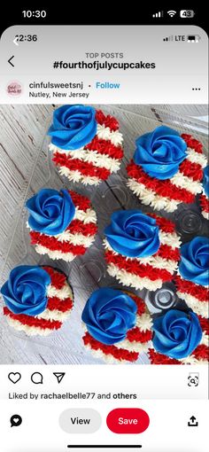 cupcakes decorated with red, white and blue icing are arranged in the shape of an american flag