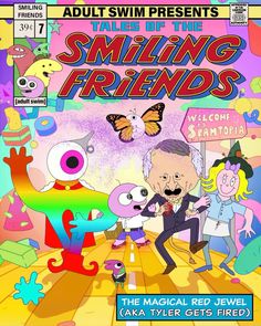 an old man is dancing with other cartoon characters on the cover of a magazine called smiling friends