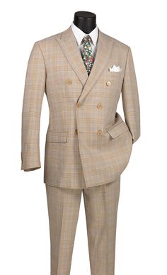 Alexander Collection - Beige Double Breasted 2 Piece Suit Regular Fit Tone on Tone Windowpane Darius Iii, Windowpane Suit, Formal Tuxedo, Tuxedo Vest, Suit Collection, Bowtie And Suspenders, Hat Size Chart, Suspenders Set, 2 Piece Suit