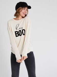 This new "Hey Boo" sweatshirt from Shiraleah is a fall favorite! Wear all season long! Perfect for parties, classrooms and Halloween fun. Hey Boo, Trick Or Treating, Halloween Sweatshirt, Summer Hats, Top Sales