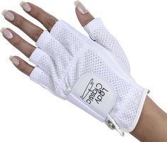 a woman's hand with white gloves on it