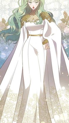 an anime character with long green hair wearing a white dress and gold trimmings