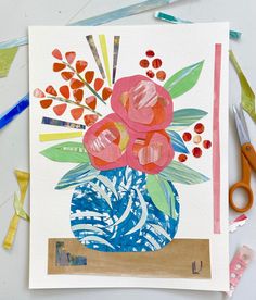 an art project with watercolors and paper flowers in a vase on a table