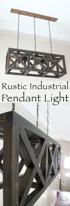 rustic industrial pendant light made from an old wooden beam and chain hanging from the ceiling